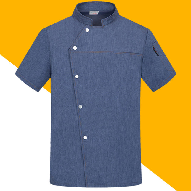 High-End Blue Chef Work Clothes Men's Short-Sleeved Summer Hotel Chef Clothing Women's Breathable Mesh Catering Kitchen Long-Sleeved
