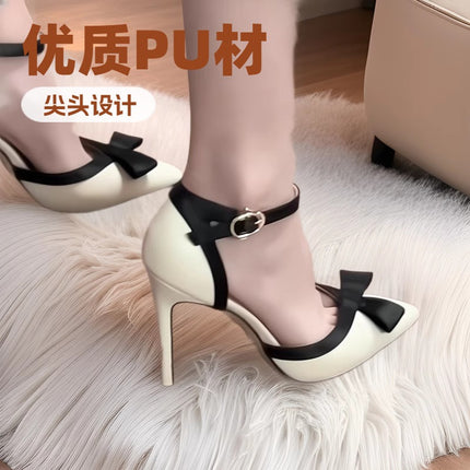 French Style Pointed Toe Bow High Heels for Women 2025 Summer New Style Buckle Strap Toe Sandals