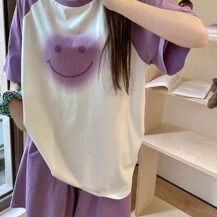 [Ice pure cotton contrast color smiley face home wear suit]]
