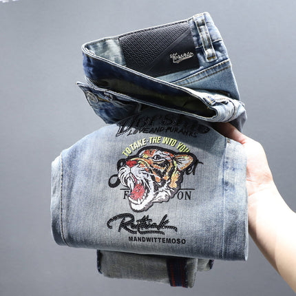 Autumn 2024 European Station Tiger Head Embroidered Jeans Men's Fashion Trend All-match Casual Slim-fit Small Foot Trousers