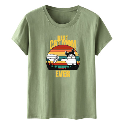 Amazon Summer Best Cat Mom even Mother's Day Fist Cat Letter Printed Casual Short-sleeved T-shirt Women