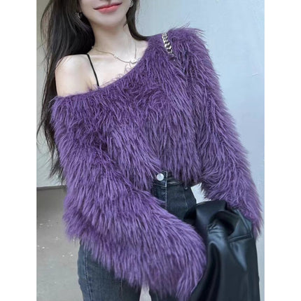 Design Sense Shoulder Imitation Mink Cashmere Sweater Women's Autumn and Winter New Soft Waxy Green Fluffy Knitted Sweater Long Sleeve Short Top