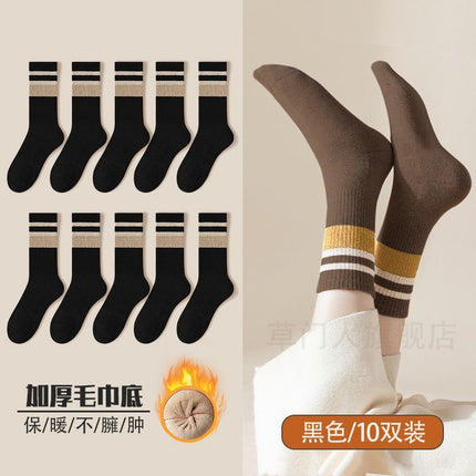 Socks Women's Autumn and Winter Mid-length Socks fleece-lined Thickened Warm terry Towel Bottom Cotton Socks High-tube Fashionable Women's Stockings