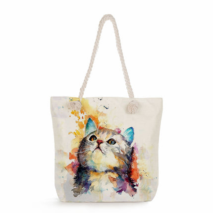 Cross-border Cute Cat Printed Shoulder Bag Simple Portable Storage Beach Bag Fashionable All-match Handbag