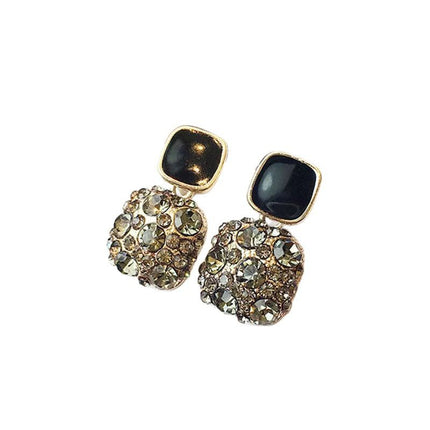 2025 Korean Retro Trendy Internet Celebrity Style Square Full Rhinestone Earrings Personality Black Versatile Stud Earrings Geometric for Women