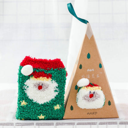 Coral Fleece Japanese-Style Christmas Socks with Embroidered 3D Cartoon Design, Boxed Floor Socks, Half Fleece Socks for Women