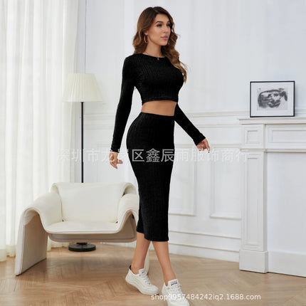Factory Direct Sales 2025 Slim-Fit Fashionable Solid Color Ribbed Women's Round Neck Long-Sleeve Side-Slit Skirt Set