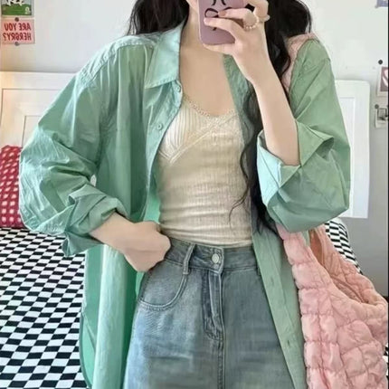 2025 Spring New Small Fresh Lake Green Cotton Long-sleeved Shirt Women's Loose All-match Slimming Shirt Cardigan Summer