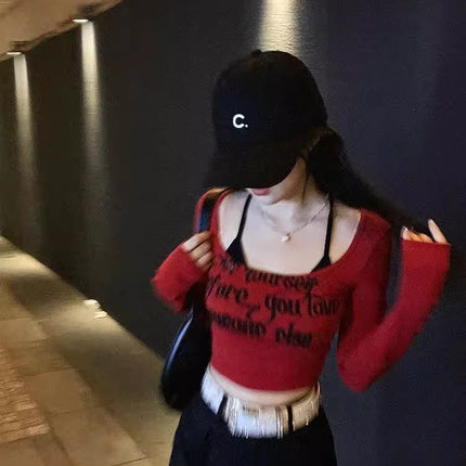 Pure Desire HoT Girl Red Square Neck Long Sleeve T-shirT Women's Spring Sexy Slim ShorT LeTTer PrinT Top BoTToming ShirT