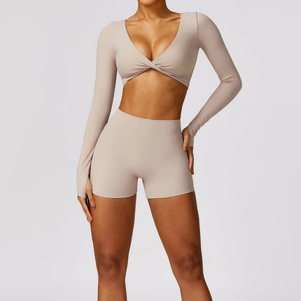 suit European and American Cross Yoga Clothes Top Women's Long Sleeve V-Neck with Chest Mat Fitness Clothes Tight Pilates Training Clothes