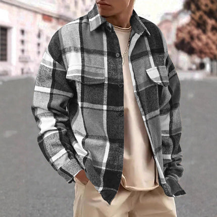25 Amazon European and American Cross-Border Temu Elegant Lapel Checkered Men's Shirt Retro Brushed Casual Long-Sleeved Jacket