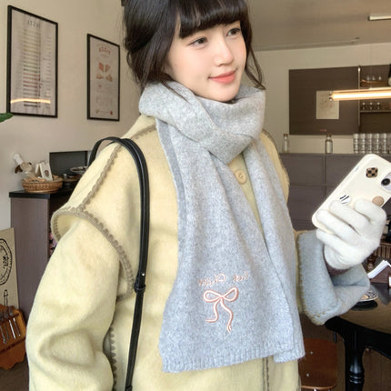 Japanese Style Cute Bow Scarf Winter Women's New Style Atmosphere Cold-proof Warm Neck Knitted Scarf Embroidery
