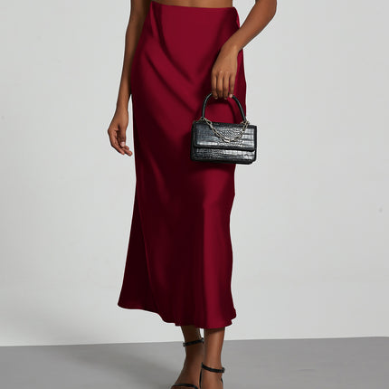 Cross-border women's clothing wholesale European and American style fashion temperament satin texture skirt solid color glossy wine red medium skirt