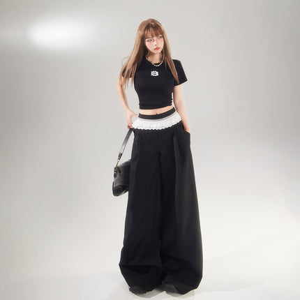 Raccoon House # American Retro High-Waisted Lace Splicing Wide-Leg Pants Versatile Drape Floor-Length Dress Pants Casual Pants for Women