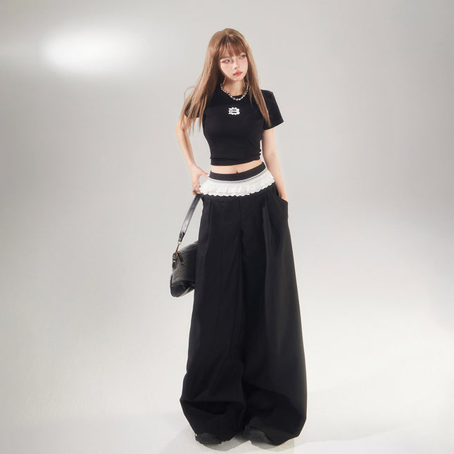 Raccoon House # American Retro High-Waisted Lace Splicing Wide-Leg Pants Versatile Drape Floor-Length Dress Pants Casual Pants for Women