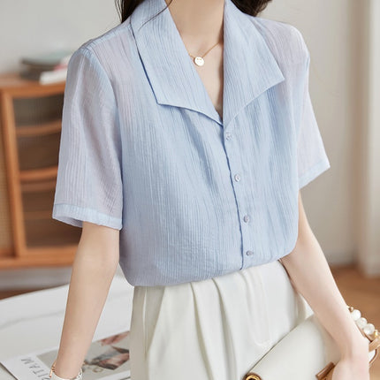Light Blue Sky Silk Short Sleeve Shirt Women's Texture Pattern 2025 Summer New Loose Casual Top