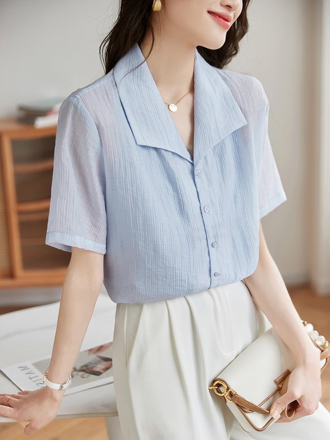 Light Blue Sky Silk Short Sleeve Shirt Women's Texture Pattern 2025 Summer New Loose Casual Top
