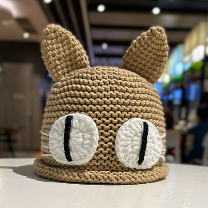 Hand-woven demon big-eyed cat funny wool hat children's green cartoon knitted head cap for men