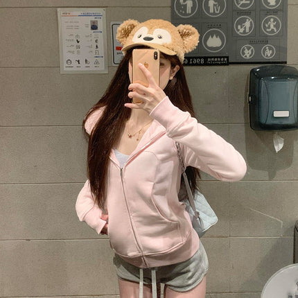Pink Sweatshirt Women's Spring & Fall 2025 New Slim Waist Hooded Jacket Yoga Top Short Style for Small People