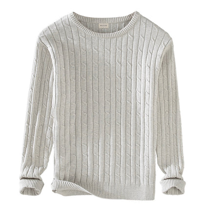 Men's Autumn and Winter Thick Knit Sweater, Pure Cotton Solid Color Knit Sweater, Cable Knit, Slim Fit, Trendy Round Neck, Lazy Style