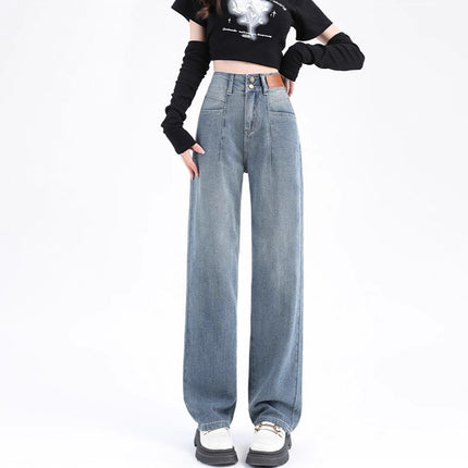 American-Style Wide-Leg Jeans for Women, 2025 New Summer Thin Retro High-Waisted Loose Straight Wrinkled Floor-Length Pants