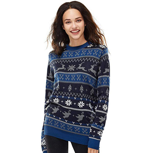 2025 Autumn and Winter European and American Christmas Pullover Jacquard Sweater Christmas Elk Snowflake Element Round Neck Knitted Couple Outfit