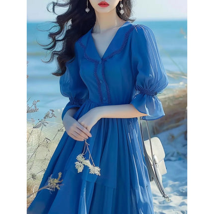 Foreign Trade Women's French Tea Break Beautiful Blue Puff Sleeve Dress Waist 2025 Summer New Style Seaside Vacation