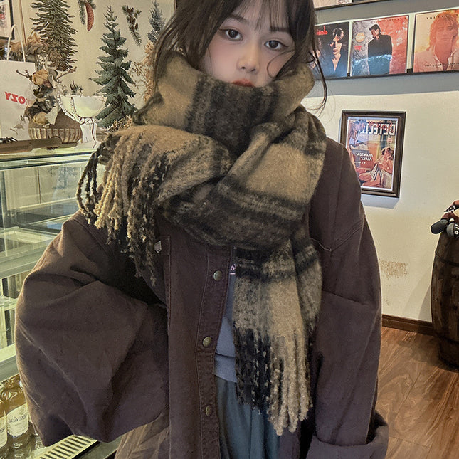 Warm coffee Maillard ~ dark blue light blue * Internet celebrity ins mohair plaid scarf autumn and winter thickened warm scarf