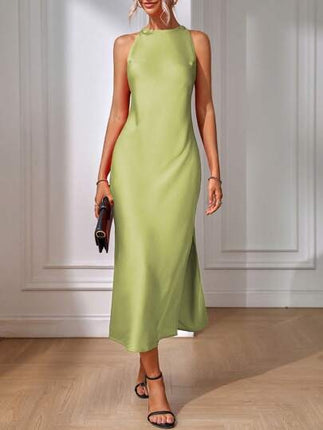 European and American Cross-Border Amazon Satin Dress Women's Spring and Summer Sleeveless Slit Satin Imitation Silk Long Skirt