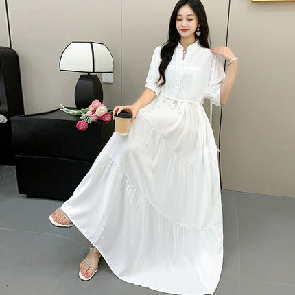 Cross-border chubby girl Super plus size Women's Dress Southeast Asian Short-sleeved Cotton Silk Large Swing Dress Mid-sleeved Beach Dress