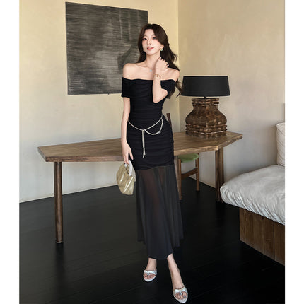 Cross-border 2025 Summer New French Style All-match Simple Elegant off-shoulder Pleated Mesh dress Women's Fishtail Dress