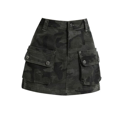 Anti-Exposure Lining Design Military Green Camouflage Skirt for Petite Women Slimming 2025 Workwear Denim Skirt College Style