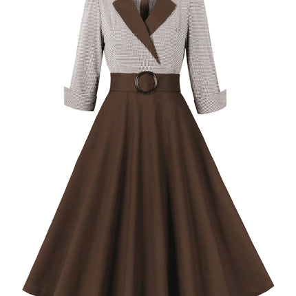 2024 Cross-Border Retro Cotton Dress for Women European and American Hepburn Style Plaid Splicing Coffee Three-Quarter Sleeve Large Hem Skirt