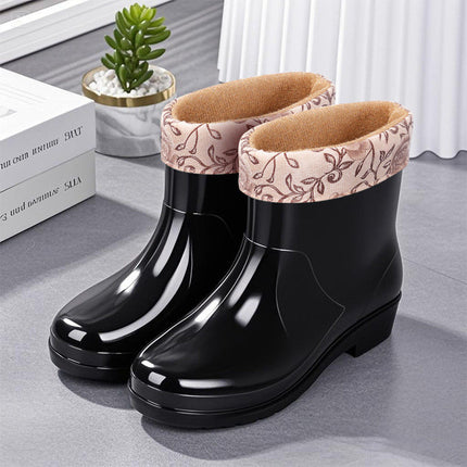 Fashionable Outdoor Water Shoes for Women, Waterproof and Non-Slip, Winter Fleece-Lined Rain Boots for Women, Warm Kitchen Work Short Rain Boots