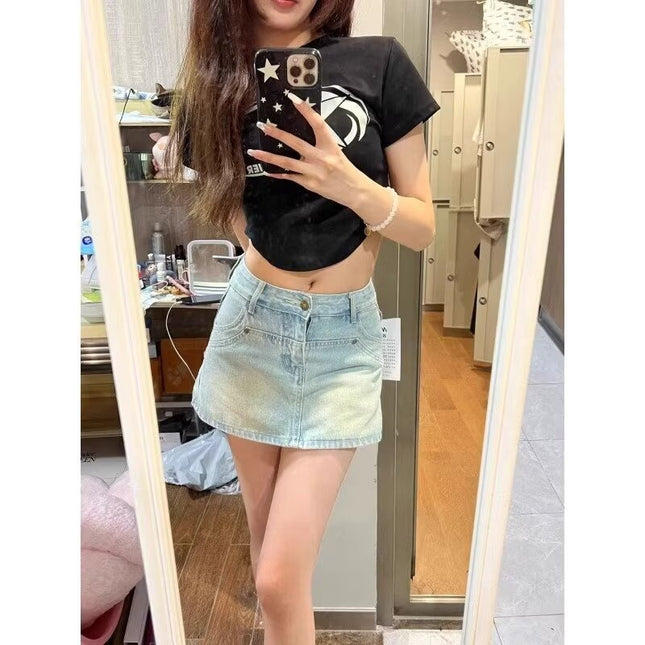 American Retro Denim Skirt for Women, Summer High-Waisted Anti-Exposure A-Line Skirt, Petite Tummy-Concealing Slimming Short Skirt