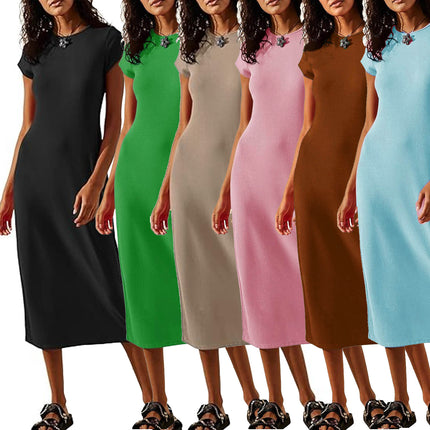 2024 New Summer Hot Product Amazon Best Selling Pure Color Sexy Short-Sleeved Slim Hip-Hugging Dress for Women
