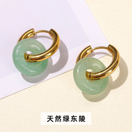 Jingdong jewelry fashion high-grade earrings wholesale natural green Dongling pink crystal bread ring titanium steel gold-plated earrings