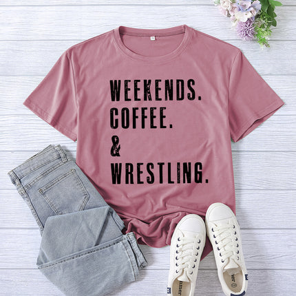 Cross-border Amazon WEEKENDS COFFEE WRESTLING printed short-sleeved women's top T-shirt European code