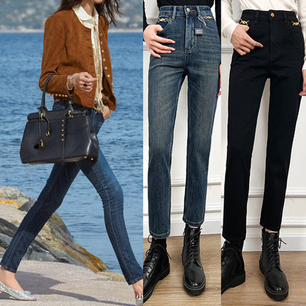 Arc de Triomphe chain design four-sided elastic high-quality jeans super slimming distressed pipe pants women's cropped pants