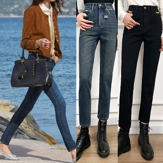 Arc de Triomphe chain design four-sided elastic high-quality jeans super slimming distressed pipe pants women's cropped pants