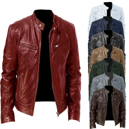 Foreign Trade Business Gentleman Warm Zipper Cardigan Pocket Decorative PU Leather Jacket Stand Collar Slim Fit Zipper Leather Jacket