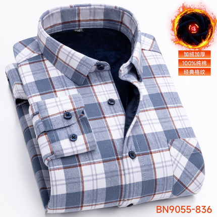 Winter Warm Shirt Pure Cotton Brushed Plaid Fleece-Lined Thickeneded Middle-Aged and Elderly Men's Cardigan Dad's Cotton Shirt