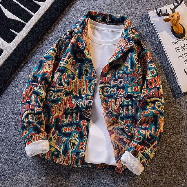 Vintage Ethnic Style Woven Jacket Men's Autumn Jacket Men's High-end Sense Handsome Lapel Shirt Home Figure# XXF035