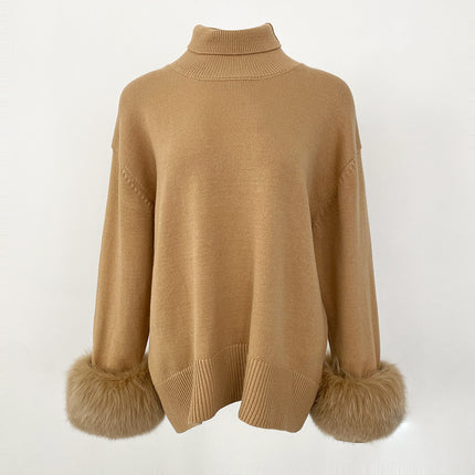 Women's Sweater Amazon Aliexpress Hot-Selling Autumn and Winter New Style Real Fox Fur Cuffs Loose High-Neck Knit Sweater for Women