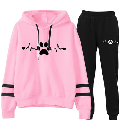 Heart beat electrocardiogram dog claw dog foot love print parallel bars striped long sleeve hooded sweater suit European code cross border