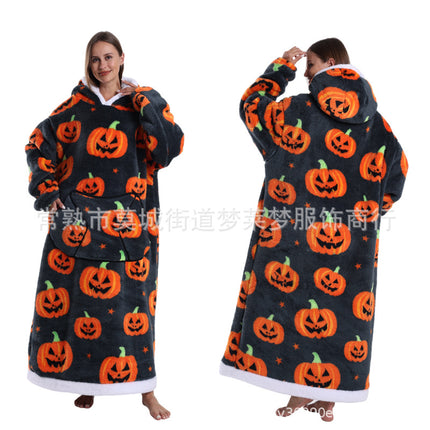 Amazon Autumn and Winter Europe and the United States New Lazy Men's and Women's Bathrobe Hoodies Printed Thickened Long Nightgown Coral Fleece