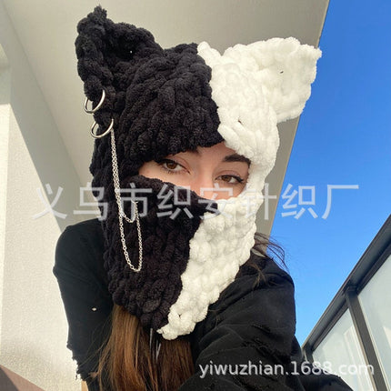 Bear Mask Headgear Sweet Cool Spice Girl Style European and American Handmade Knitted Thickened Wool Warm Hat Cute Autumn and Winter Hat