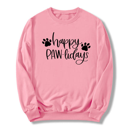 in stock Foreign Trade Cross-border Dog Feet Happy Pawlidays Printed Crewneck Sweat European and American Autumn and Winter Men's and Women's Top