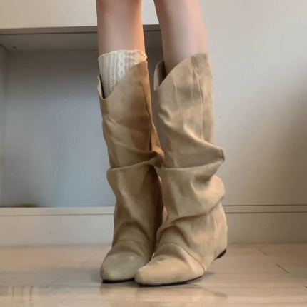 New Retro Western Cowboy Boots Autumn Height-Increasing Long Boots Women's Pointed Toe Pleated Slouch Boots