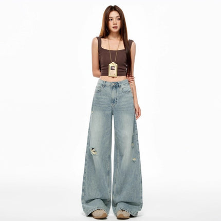Retro Washed Distressed Jeans for Women, Loose High-Waisted Slim Straight Wide-Leg Pants, Floor-Length Pants